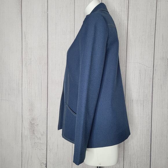 Handmade Blue Chambray Dagger Collar Buttonless Open Front Blazer - Picture 4 of 6